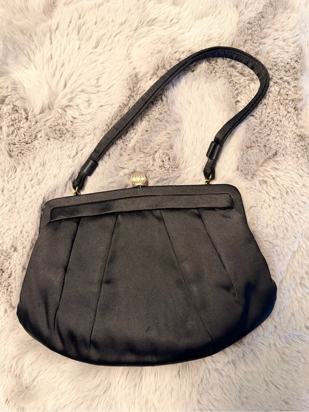 Vintage La France Black Satin Pleated Evening Bag, Gold Clasp, Mid-Century